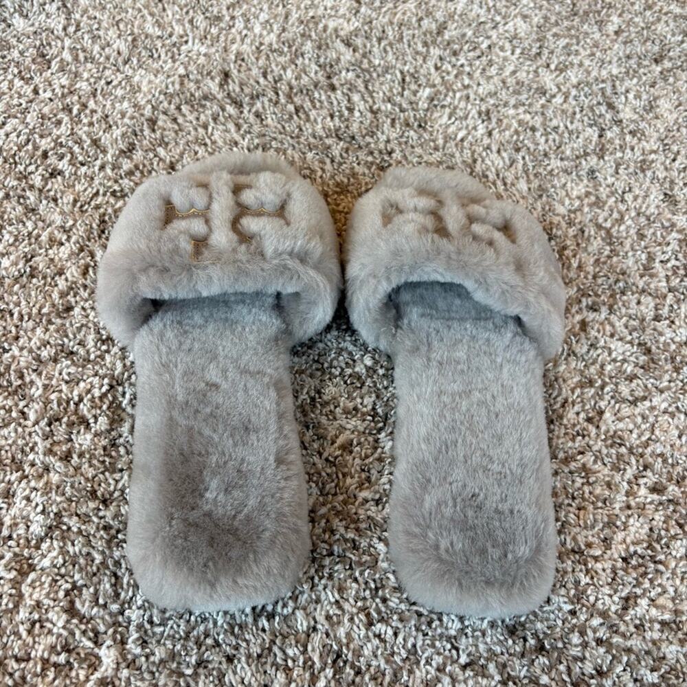 Tory Burch Women's Double T Shearling Slide Sandal Gray Heron Size 8.5 - Picture 4 of 7